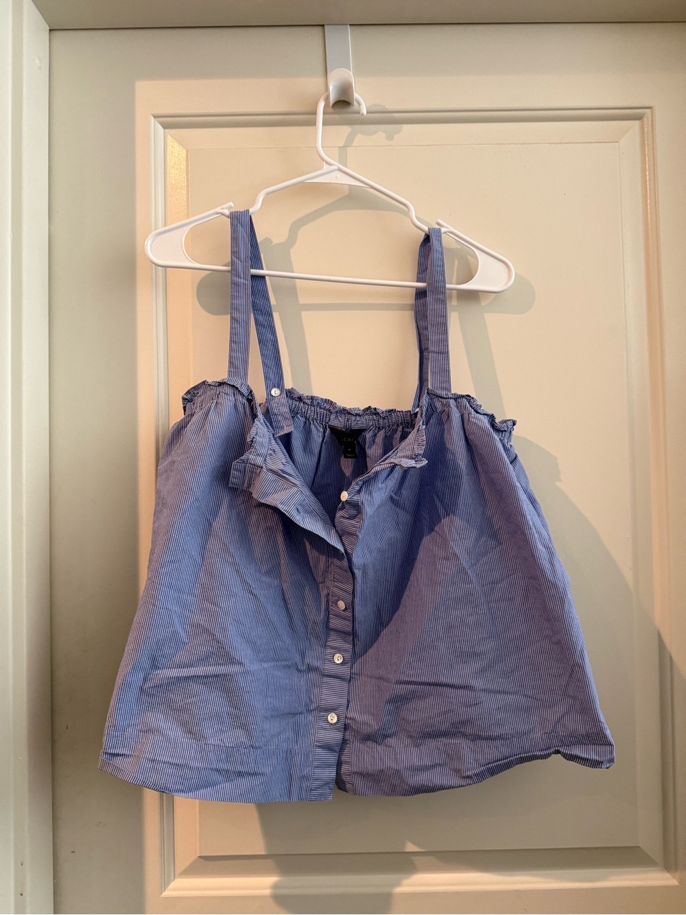 J. Crew Blue Striped Button-Front Tank with Ruffle Trim